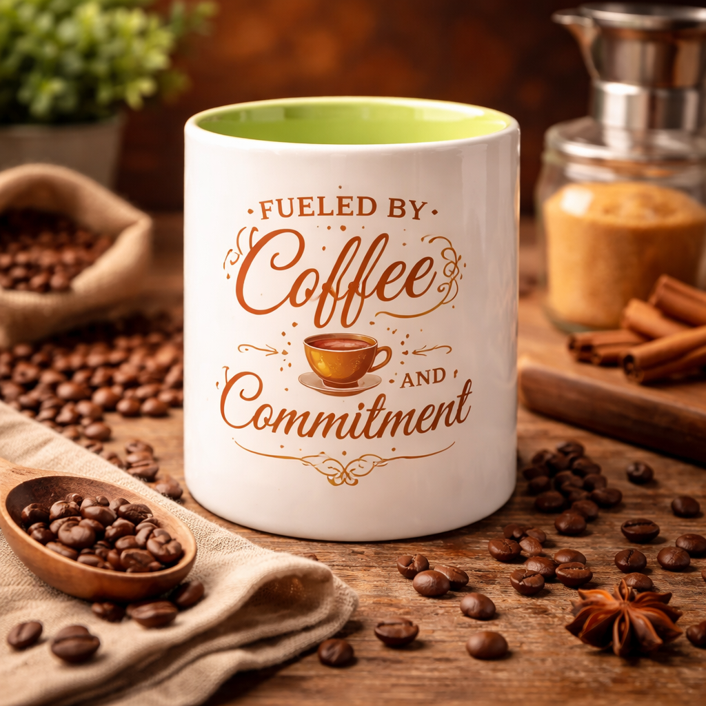 Fueled by Coffee and Commitment Mug with Color Inside